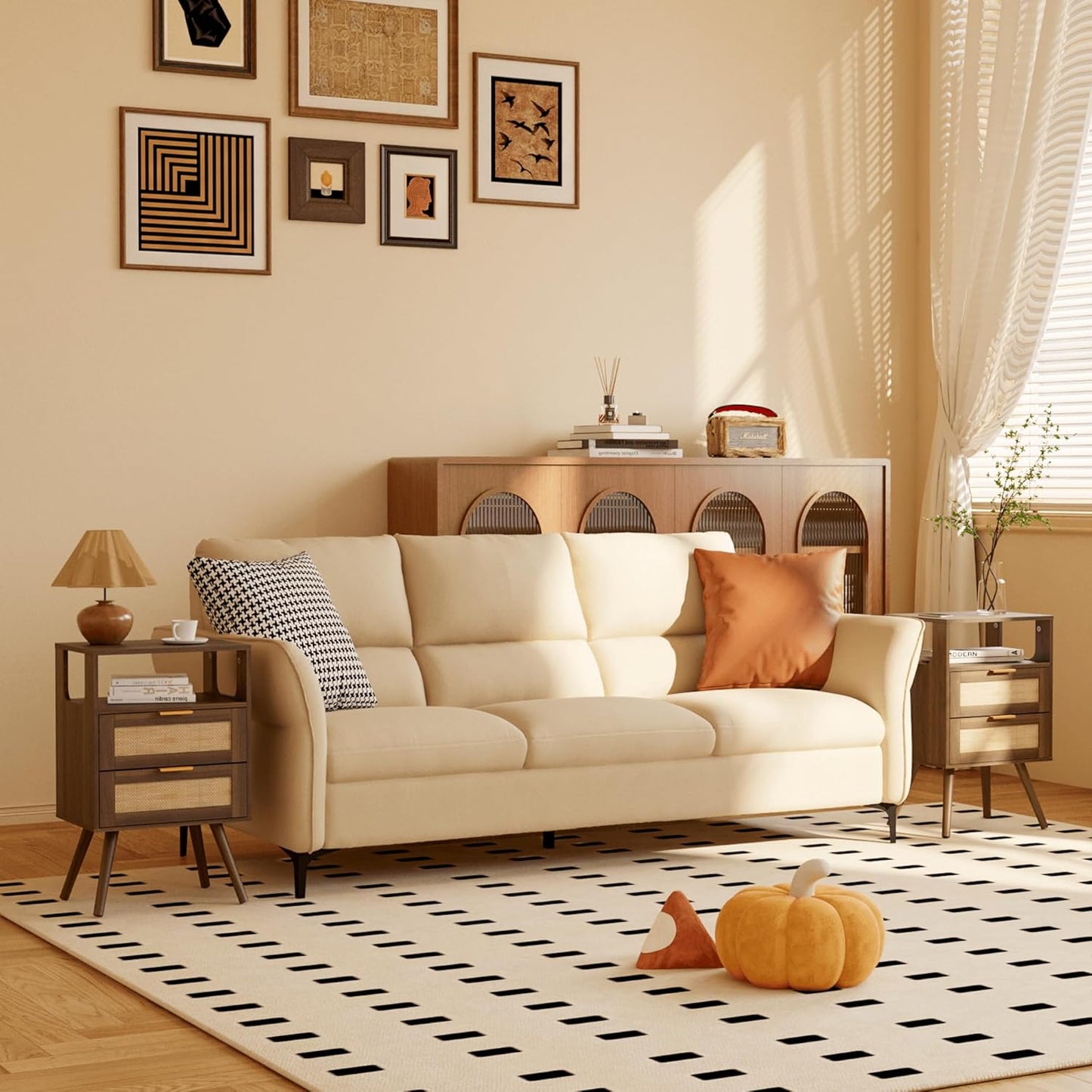 Rattan Nightstand,Farmhouse Bedside Table with 2 Storage Drawer and Open Wood Shelf, for Bedroom and Small Spaces,Night Stand with Solid Wood Legs (Walnut Brown)