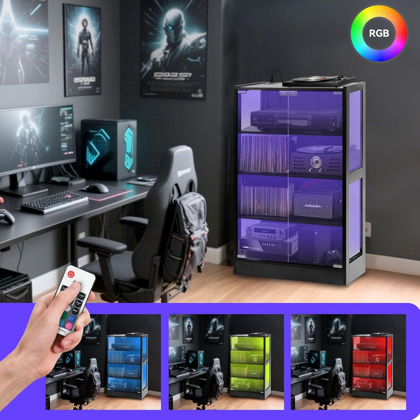 4-Tier Media Cabinet with LED Lighting, Audio/Video Stand Featuring Built-in USB Ports and Electrical Outlets, Designed for Living Rooms and Gaming Spaces, Glass Doors