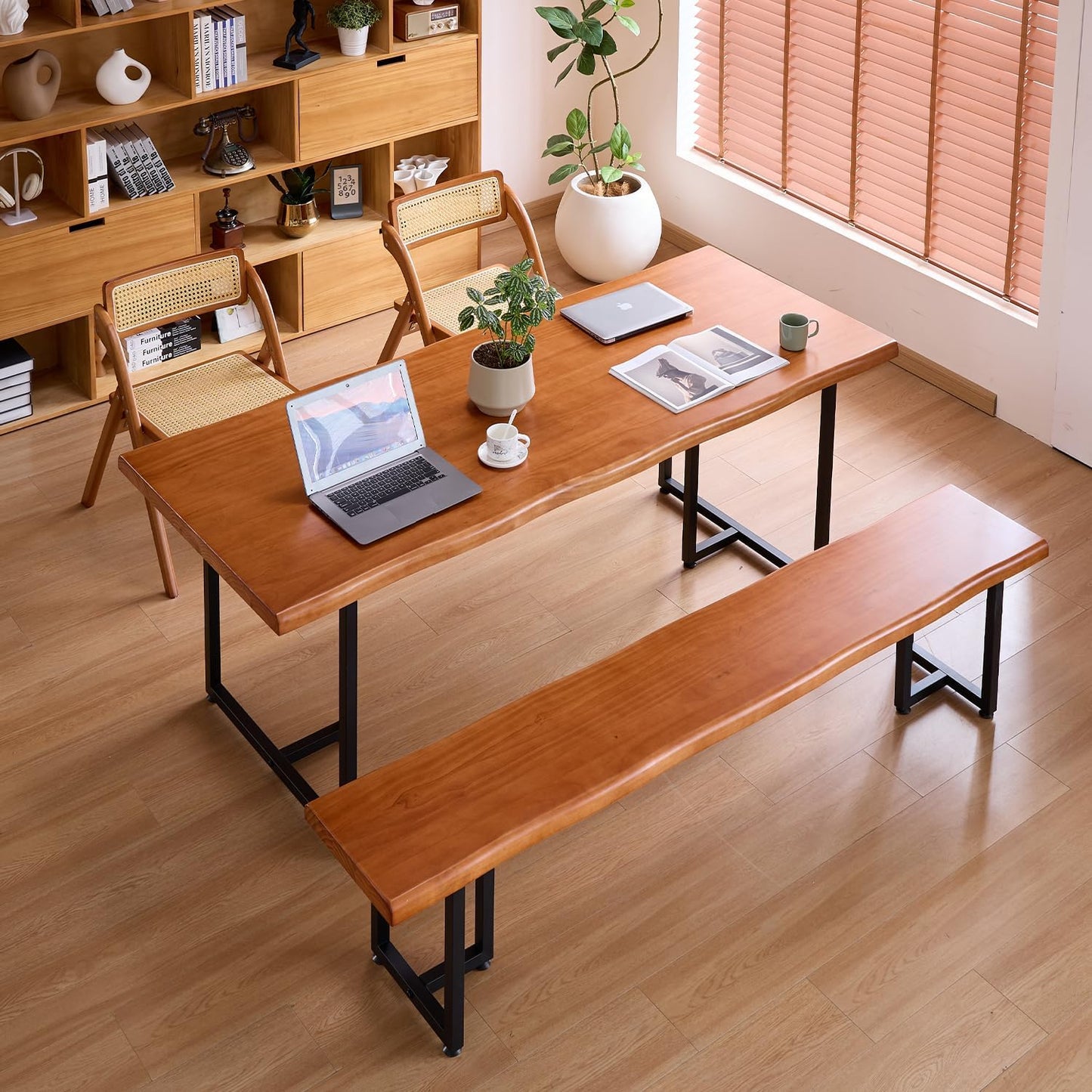 Solid Wood Administrative Desk, Dining Table with Durable Metal Legs, Uniquely Designed Leisure Table, Perfect for Restaurants and Home Offices, (Wood Brown, 55.12in)