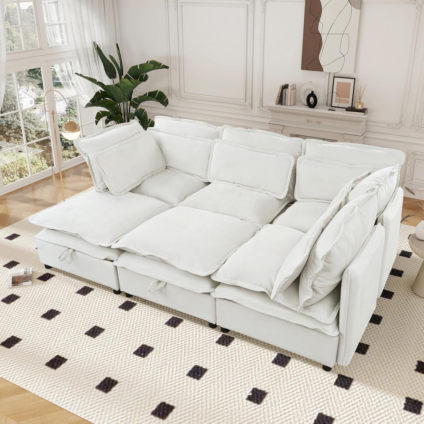 Ball & Cast 124.4" Modular Sectional Sofa,Oversized U-Shaped Couch with Storage Seat,Freely Combinable 6-Seater Set w/Double-Layer Cushion,for Living Rooms,Offices and Apartments,Beige