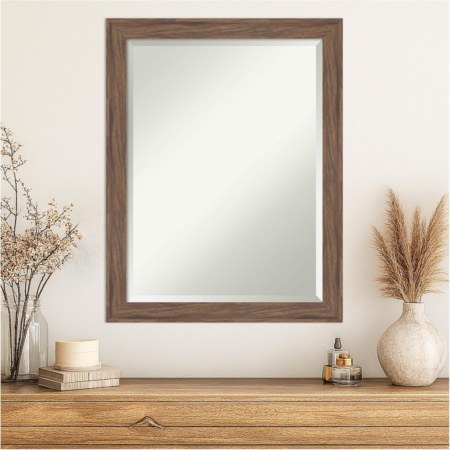 Amanti Art Brown Wall Mirror 27x21 Pia Medium Brown Narrow Rectangle Bathroom Mirror for Wall Decor Living Room, Medium Casual Frame, Hangs Horizonally and Vertically, Bathroom Decor, Beveled Edge