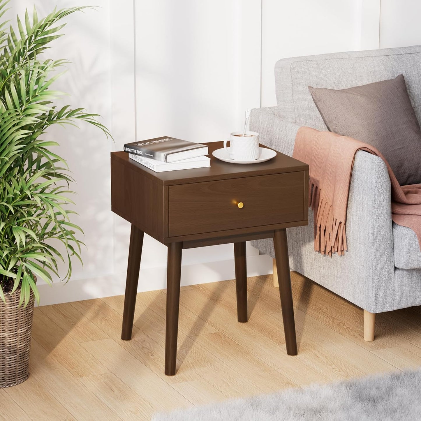 Small Solid Wood end Table with 1 Drawers, Mid-Century Modern Night Stand/nightstands,Side Table with Storage (Espresso)