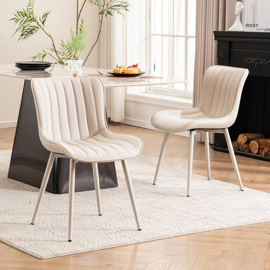YOUNUOKE Mid-Century Modern Dining Chairs Set of 2, Cream PU Leather Upholstered Kitchen Chairs with Cream Metal Legs, Armless Accent Chair for Dining Room, Guest Reception Room