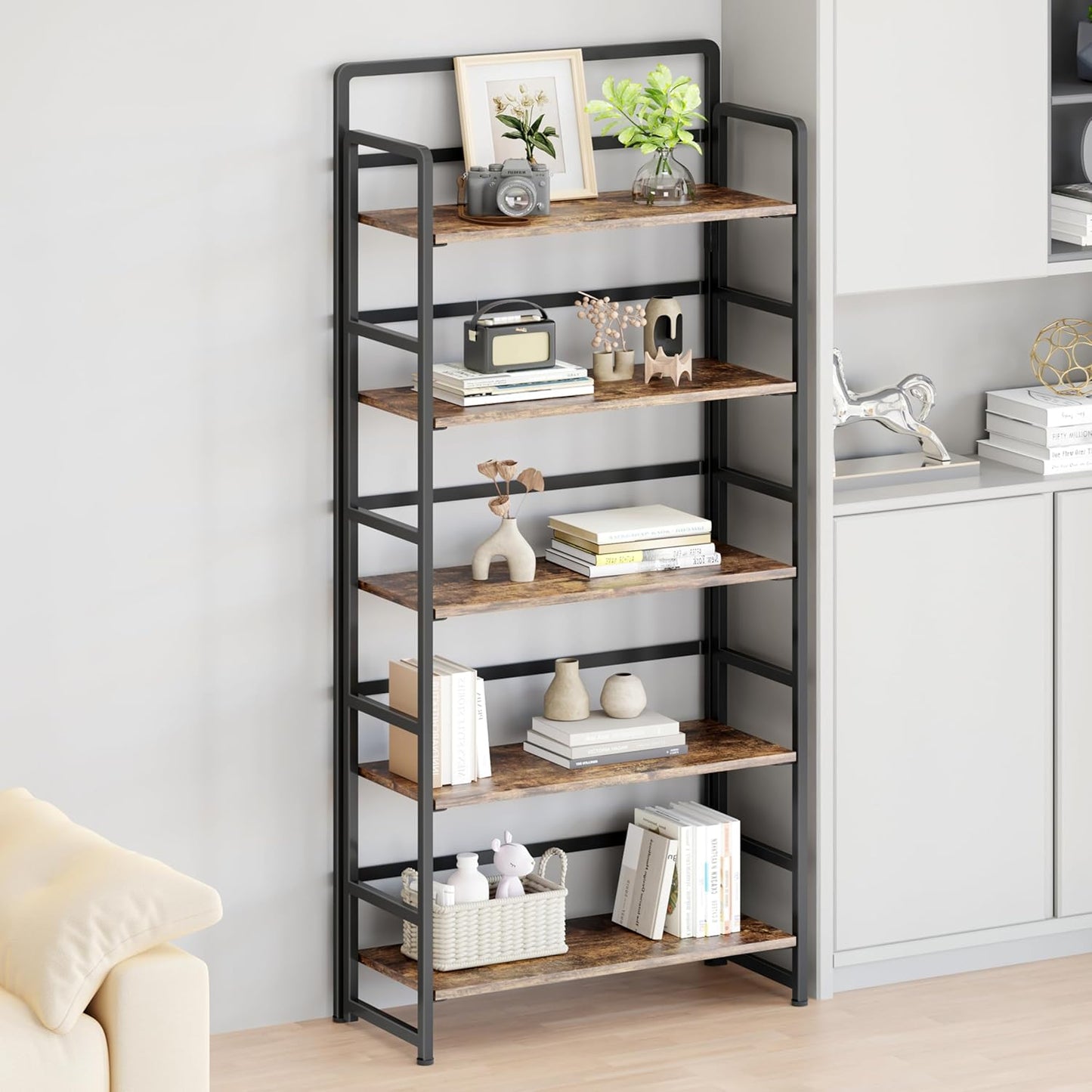 No Assembly Folding Bookshelf, 5 Tiers Collapsible Book Shelf for Home Office, Vintage Wood Foldable Bookcase Storage Organizer for Living Room Bedroom (Rustic Brown)