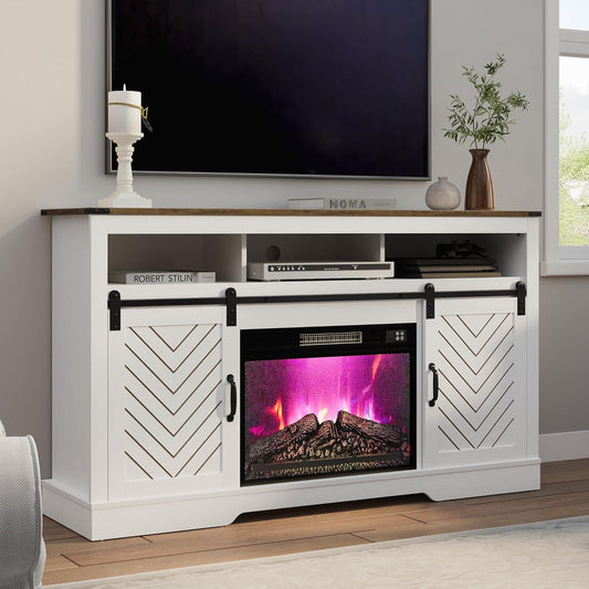 RoyalCraft Farmhouse Fireplace TV Stand for 65+ TV, Entertainment Center with 23" Electric Fireplace with Remote, 34" Tall Modern Rustic TV Console with Sliding Bar Door for Living Room, Antique White