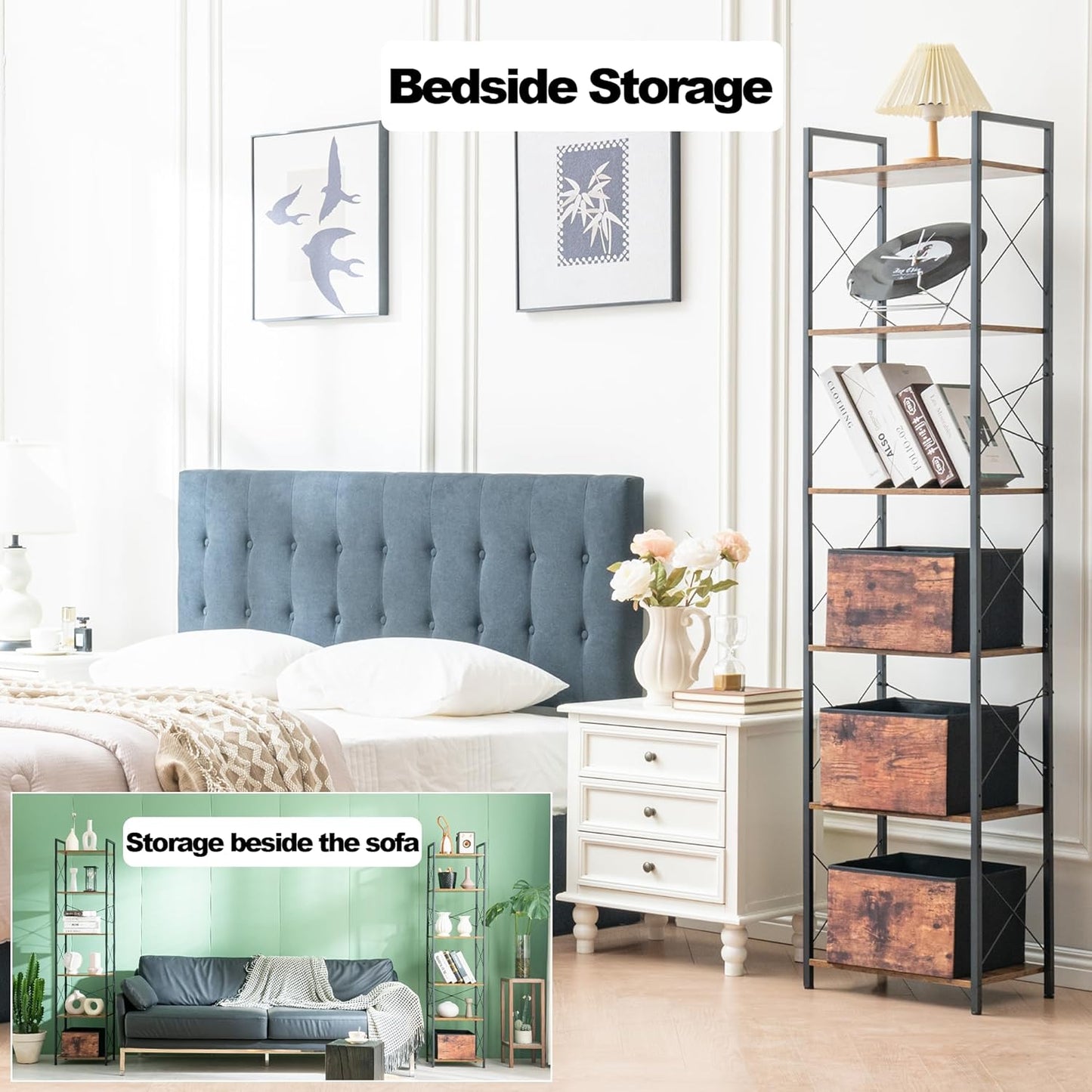 HCHQHS Narrow Bookshelf, Adjustable 6-Tier Industrial Bookcase, Rustic Open Book Shelf, Freestanding Tall Bookshelves with Metal Frame