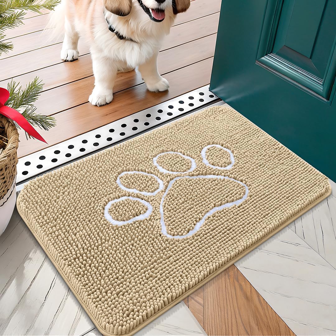 OLANLY Door Mat for Muddy Dog Paws 24x16, Ultra Absorbent Chenille Mud Doormat with Paw Print Design, Non-Slip Washable Doormat for Indoor Entryway, Quick-Dry Pet Bed Mats for Dirty Dogs, Beige