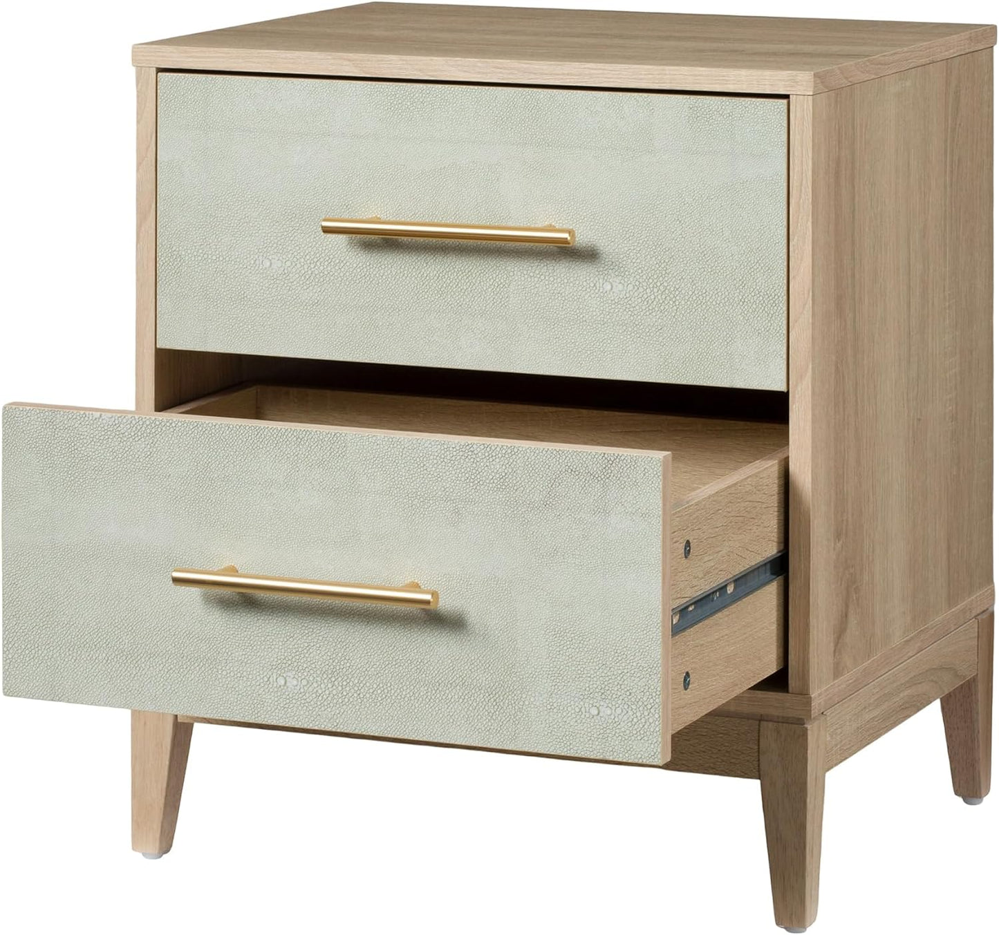 Sango Shagreen 2-Drawer Nightstand, Modern Natural Wood Bedside Table with Gray Faux Shagreen Drawer Fronts, Brass Handles, Sturdy Legs, Elegant Storage for Contemporary & Luxury Homes