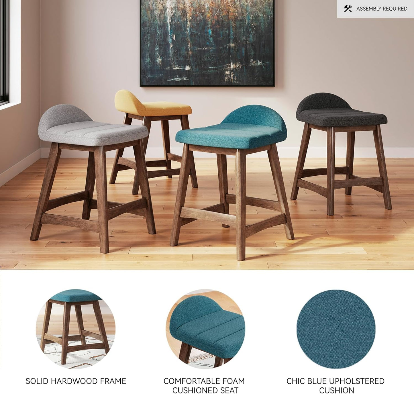 Signature Design by Ashley Lyncott Contemporary 28.5" Counter Height Upholstered Bar Stool with Foam Cushion, 2 Count, Blue & Brown