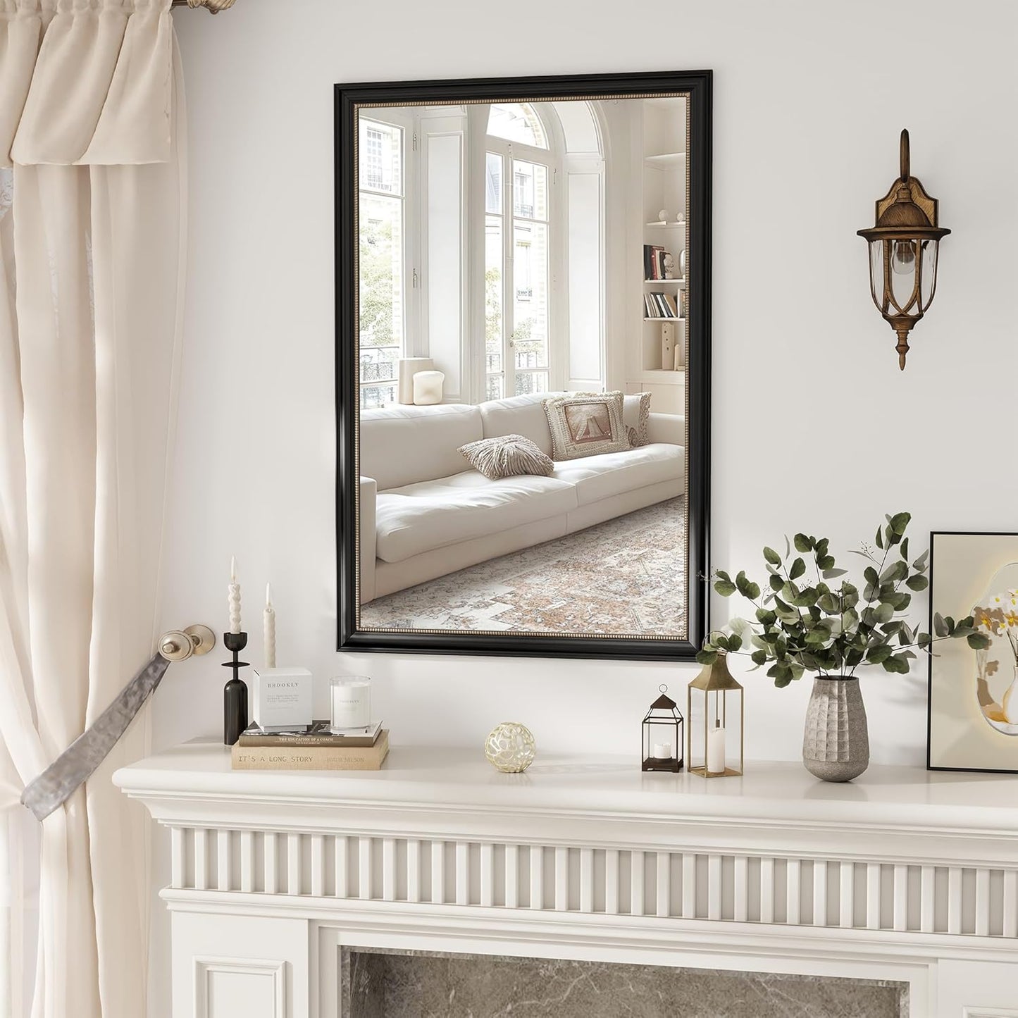 Axeman 32x48 Rectangular Wall Mirror, Decorative Bathroom Mirror, Traditional Vintage Wall Mounted Mirror with Beaded Frame for Accent Living Room Vanity Bedroom Entryway, Black