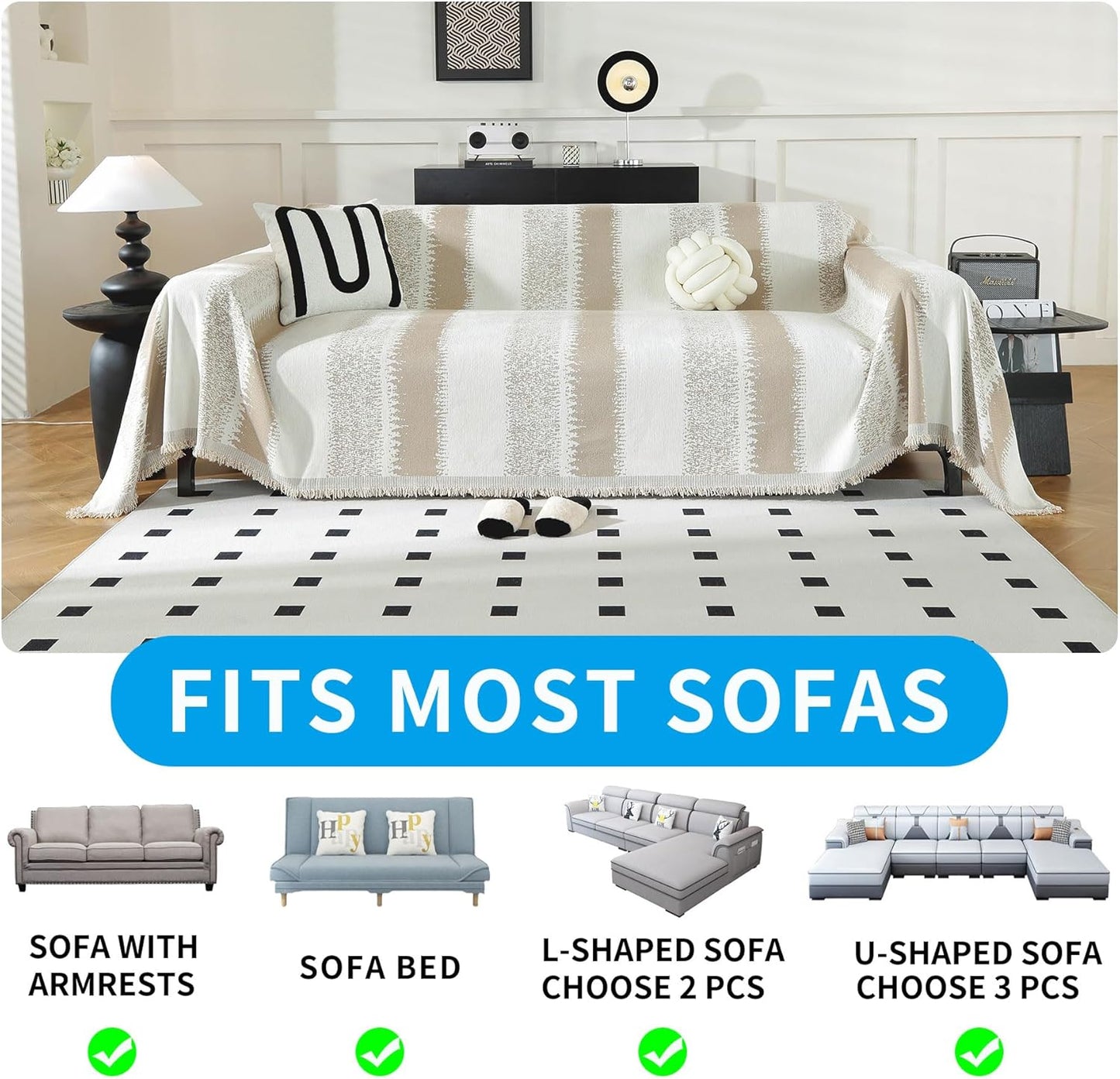 LUFEIJIASHI Boho Couch Covers for Sofa Non Slip Sofa Covers Washable Couch Covers for 3 Cushion Couch Sofa Pet Friendly Sectional Couch Cover Blanket Furniture Protector for Dogs (Khaki, 71"x134")