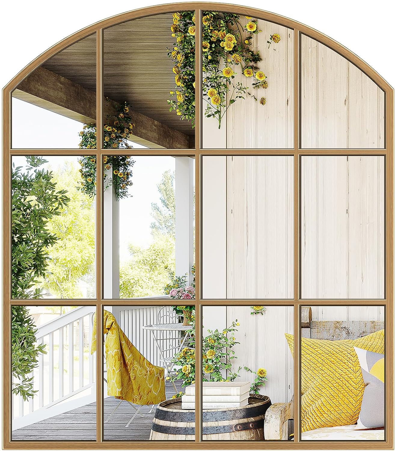 Wide Window Pane Mirror, 28" x 32" Gold Arched Mirrors for Wall, Brass Grid Wall Large Decorative Mirror for Living Room Bedroom Farmhouse Fireplace Hallway Entryway