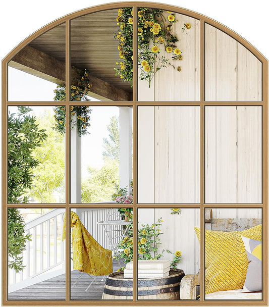 Wide Window Pane Mirror, 28" x 32" Gold Arched Mirrors for Wall, Brass Grid Wall Large Decorative Mirror for Living Room Bedroom Farmhouse Fireplace Hallway Entryway