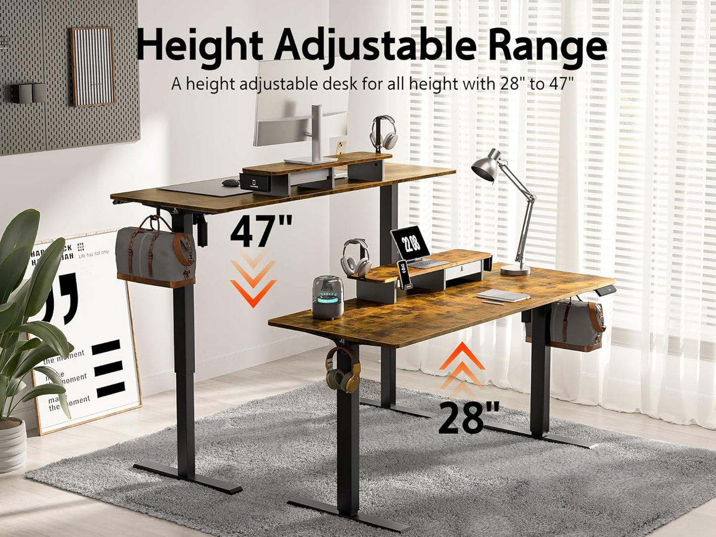 63x24 Inches Electric Standing Desk with Drawer and Monitor Stand, Height Adjustable Sit to Stand up Desk for Home Office, Ergonomic Computer Table with Phone Holder, 3 Hooks, Rustic Brown