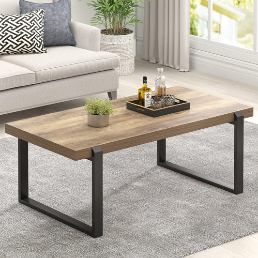 FOLUBAN Coffee Table, Modern Rustic Wood and Metal Center Table, Industrial Cocktail Tea Table for Living Room, Oak, 44 Inch