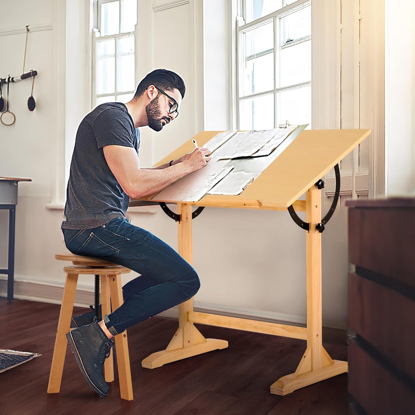 VISWIN Wood Drafting Table for Adults, 24'' x 35" Drawing Table with Adjustable Angle for Art Studio, 34" Height Solid Pine Wood Artist Desk for Drawing, Drafting, Writing, Reading, Sketching