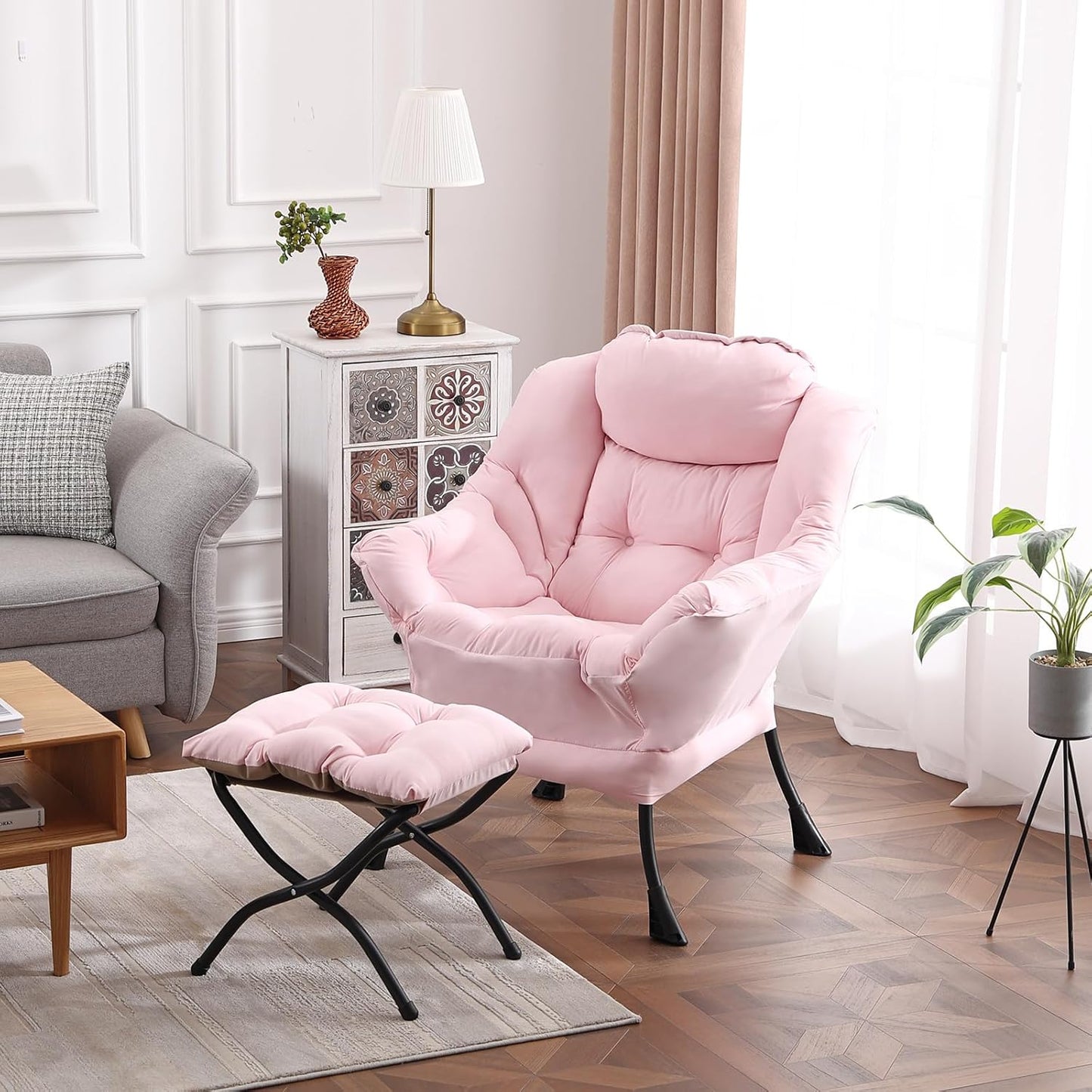 Lazy Chair with Ottoman, Modern Reading Lounge Accent Chair with Armrests and a Side Pocket, Leisure Upholstered Lazy Sofa Set with Footrest for Small Space, Pink