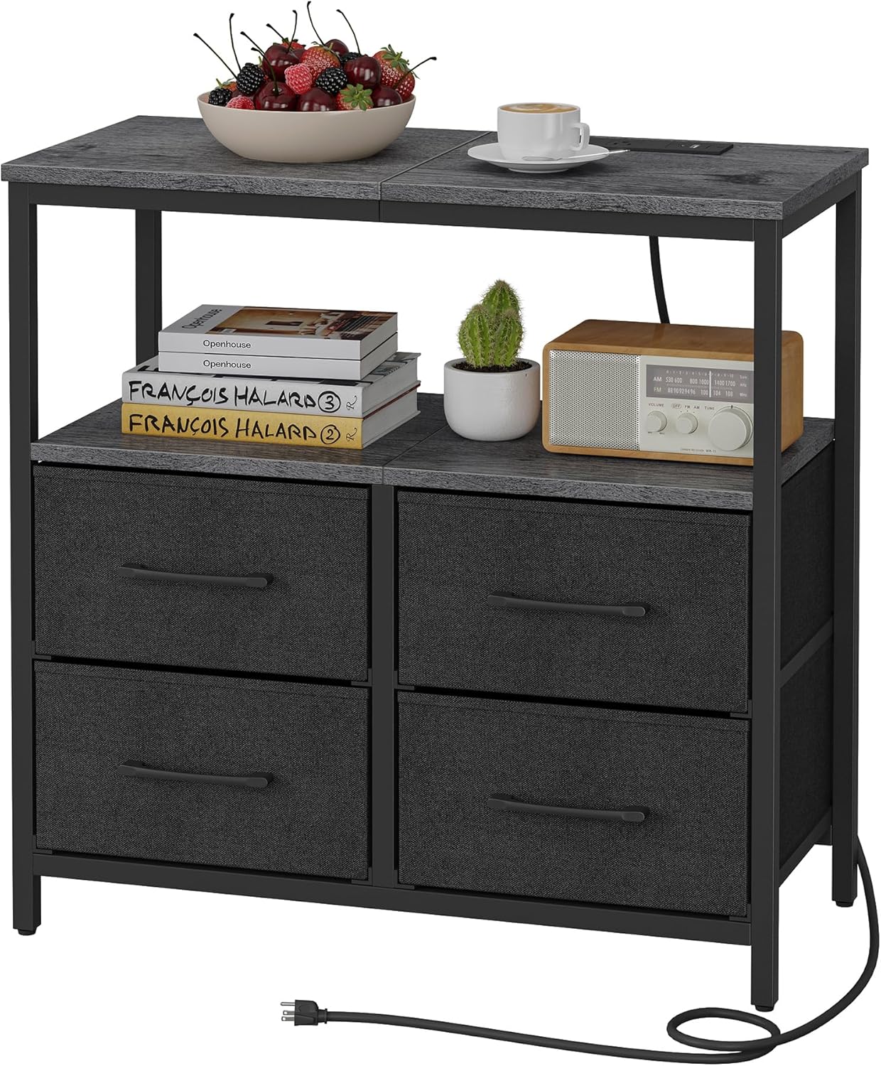 TUTOTAK Large Night Stand with Charging Station, Nightstand with USB and Type-C Port, Bedside Table with Cloth Drawers, End Table for Livingroom, Bedroom, Charcoal Grey TB01BY081