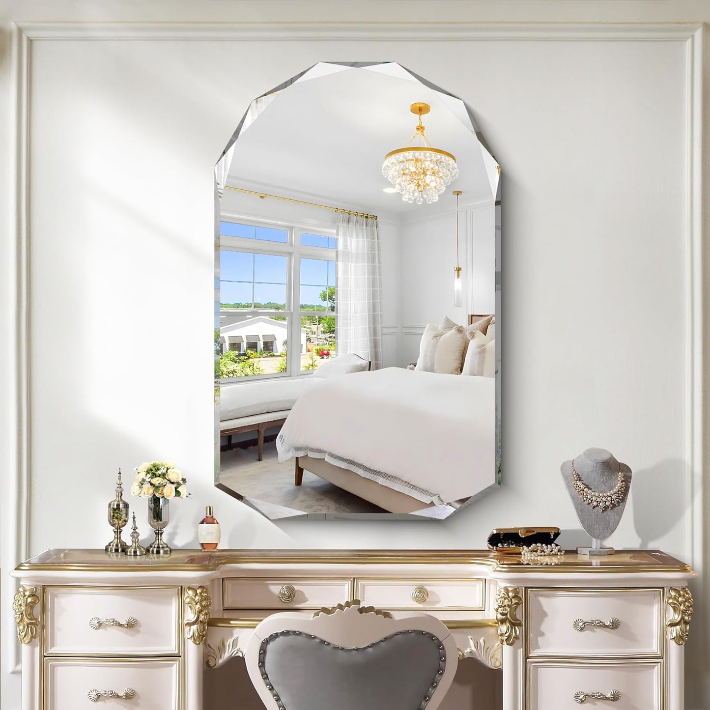 KOCUUY 30"x48" Frameless Mirror, Arched Shape with Diamond-Shaped Beveled Edge,Unframed Decorative with Upgraded Shatterproof Glass,Unique Frameless Mirror for Bathroom,Living Room,Bedroom