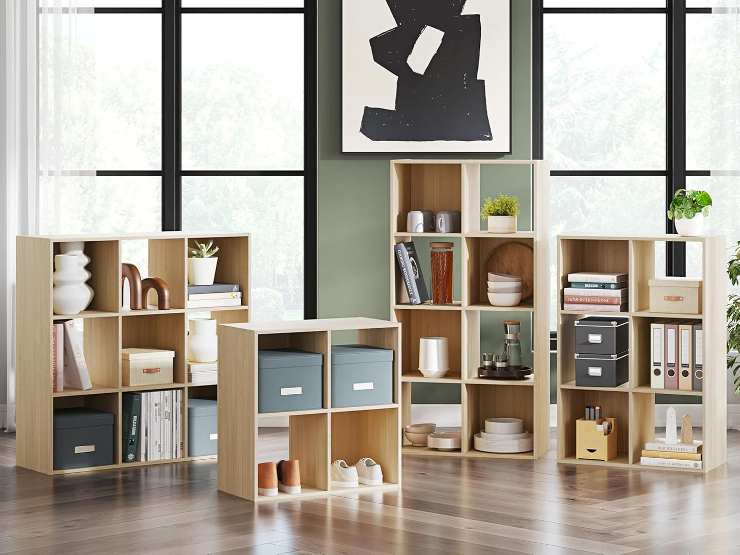 Signature Design by Ashley Piperton Contemporary 2-Tier Floor Standing 4 Cube Organizer for Living Room, Light Brown