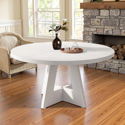 Round Dining Table for 4, 47" Wooden Kitchen Dinner Table Rustic, Farmhouse Table for Dining Room, Living Room, White