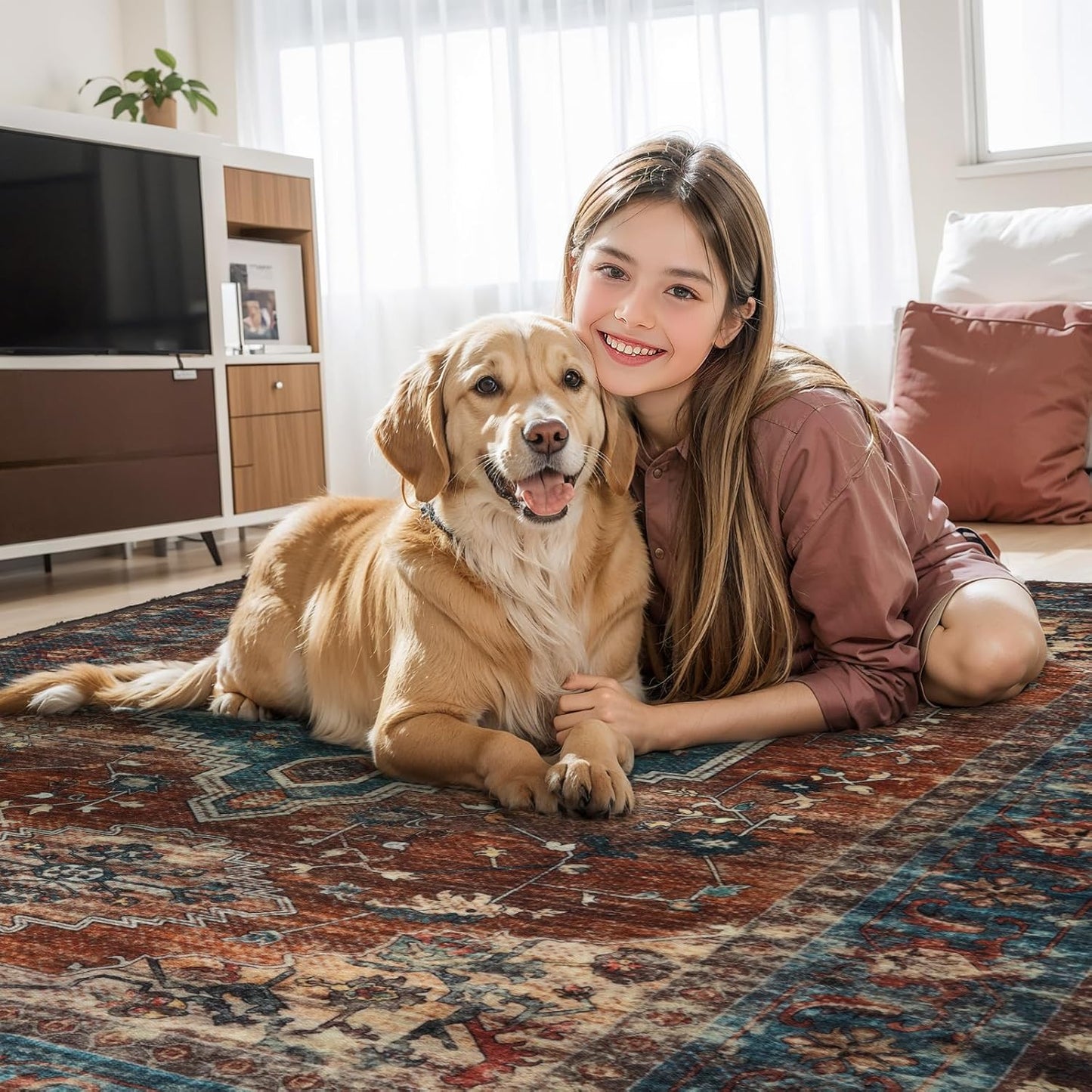 Tangsoo 5x7 Area Rug Washable Rug for Living Room, Vintage Indoor Non Slip Large Area Rugs, Print Distressed Rust Carpet, Soft Low Pile Foldable Floor Rug for Bedroom Dining Room Dorm