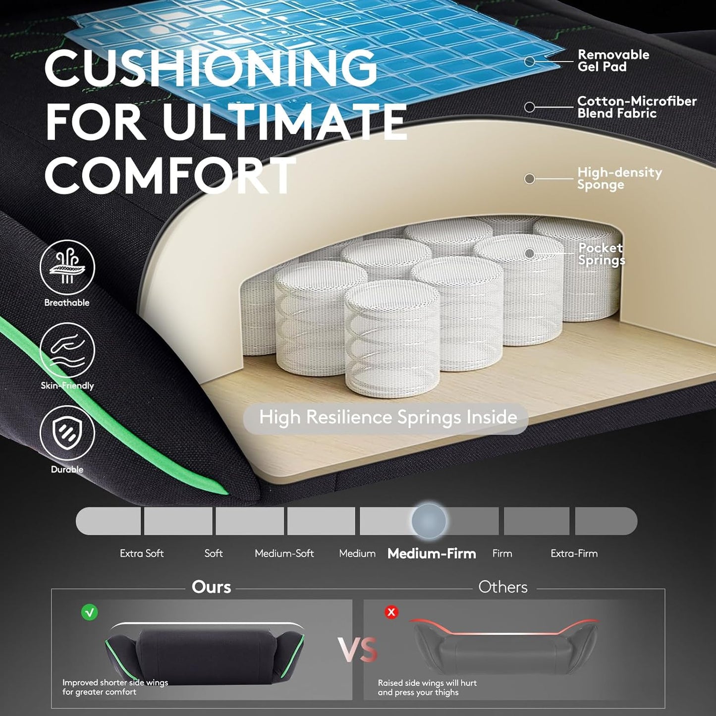 Gaming Chair Breathable Fabric,Computer Office Chair with Footrest,Massage Lumbar Support and Gel Pad,Ergonomic Reclining Adjustable Gamer Chair with Headrest and Spring Cushion Black Green