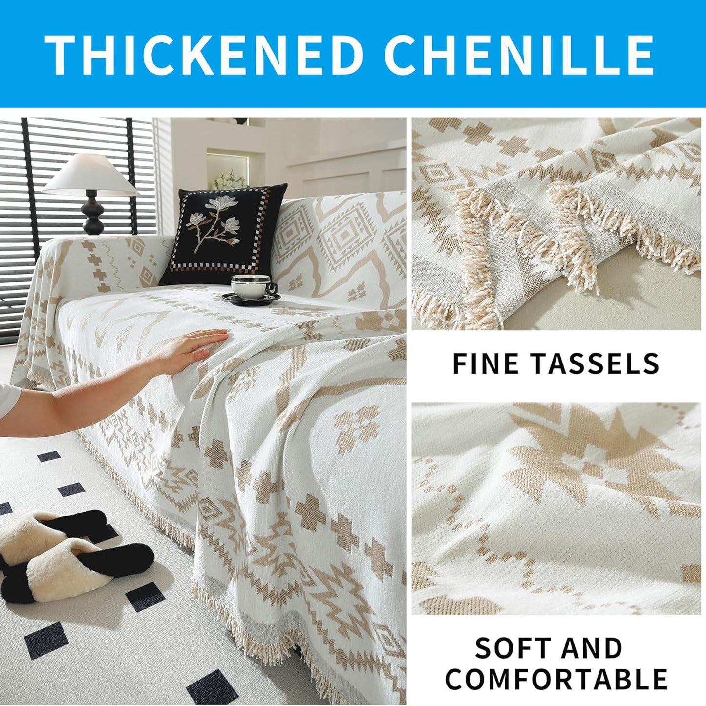 LUFEIJIASHI Boho Couch Covers for Sofa Non Slip Sofa Covers Washable Couch Covers for 3 Cushion Couch Sofa Pet Friendly Sectional Couch Cover Blanket Furniture Protector for Dogs (Khaki, 71"x134")