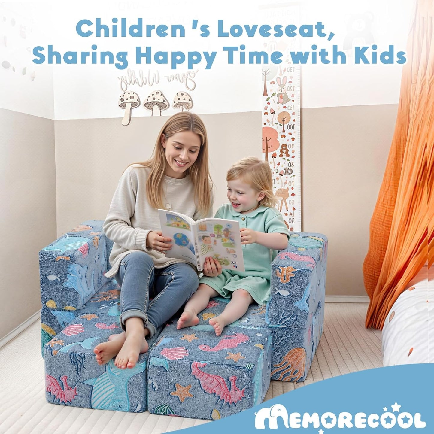 MeMoreCool Modular Kids Couch, Glow Play Toddler Couch for Bedroom Playroom, Convertible Foam Kids Sofa Bed, Fold Out Baby Sofa for Girl Boy