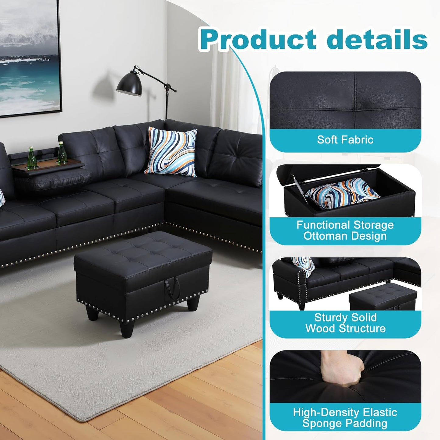 Couches for Living Room Faux Leather L Shaped Couch Comfy 3 Pieces Sectional Sofa with Chaise, Ottoman with Storage for Office and Small Apartment, Graceful Black