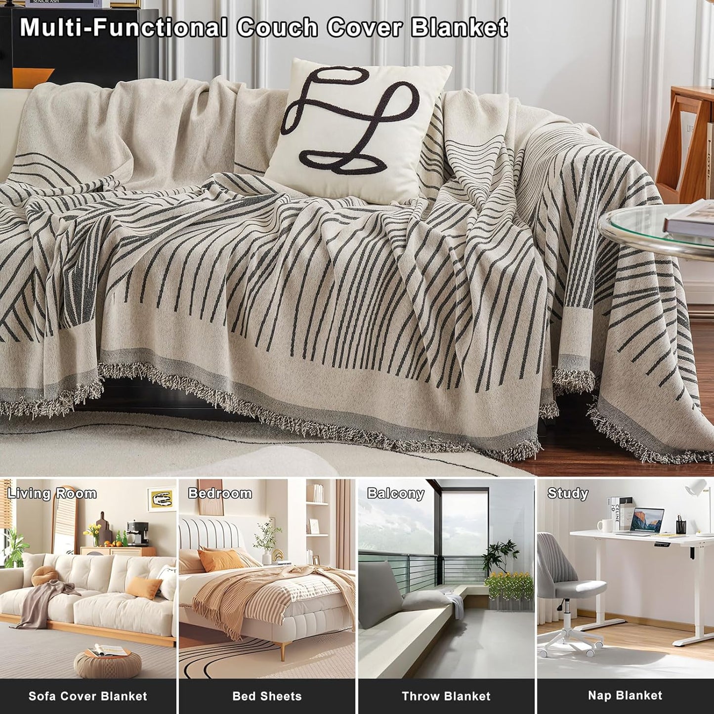 STACYPIK Stylish Striped Sofa Cover for Dogs,Non Slip Couch Protector for 3 Cushion Sofa, Pet-Friendly Couch Covers for Loveseat, Washable Boho Jacquard Couch Cover Blanket for Living Room-71X134IN