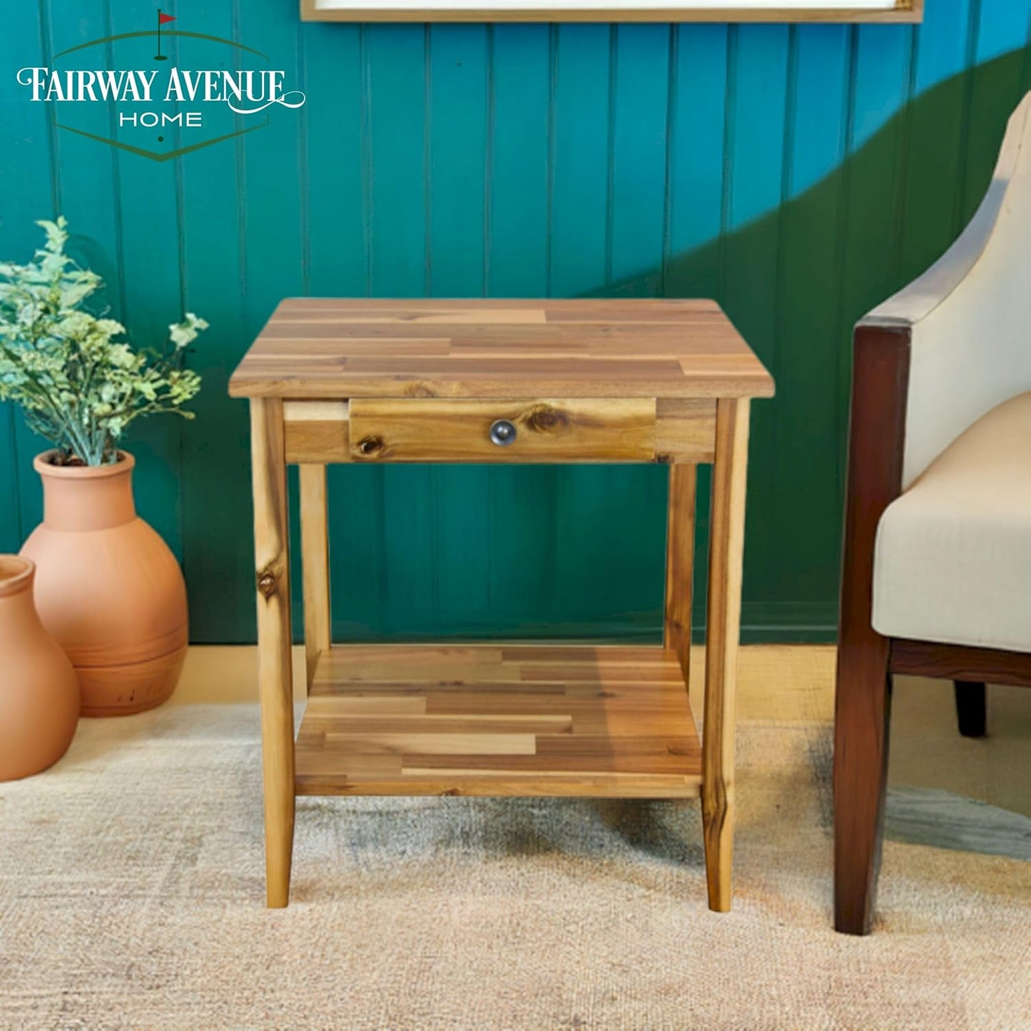2-Tier Solid Acacia End Table w/Drawer