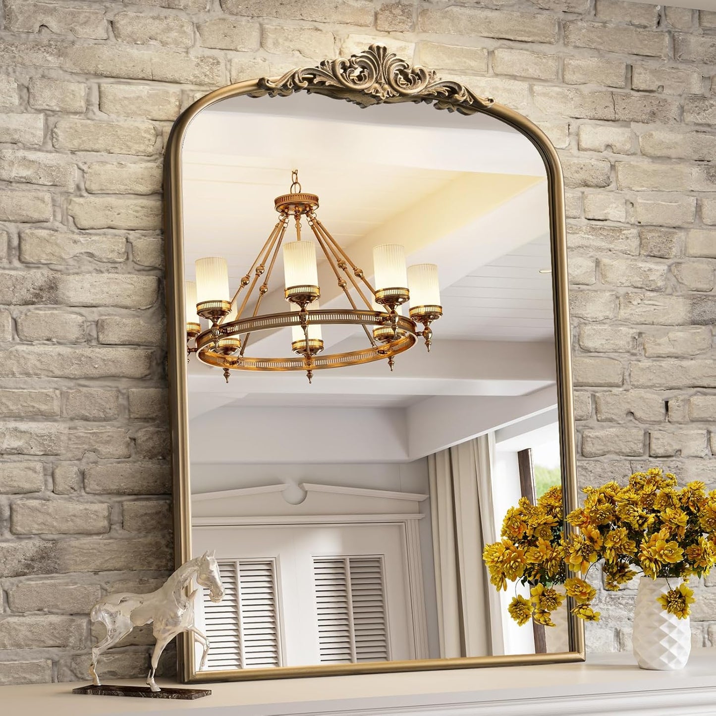 Arched Antique Wall Mirror, 30"x40" Vintage Gold Bathroom Vanity Mirror, Ornate Arch Bronze Mirror for Over Sink/Fireplace/Entryway