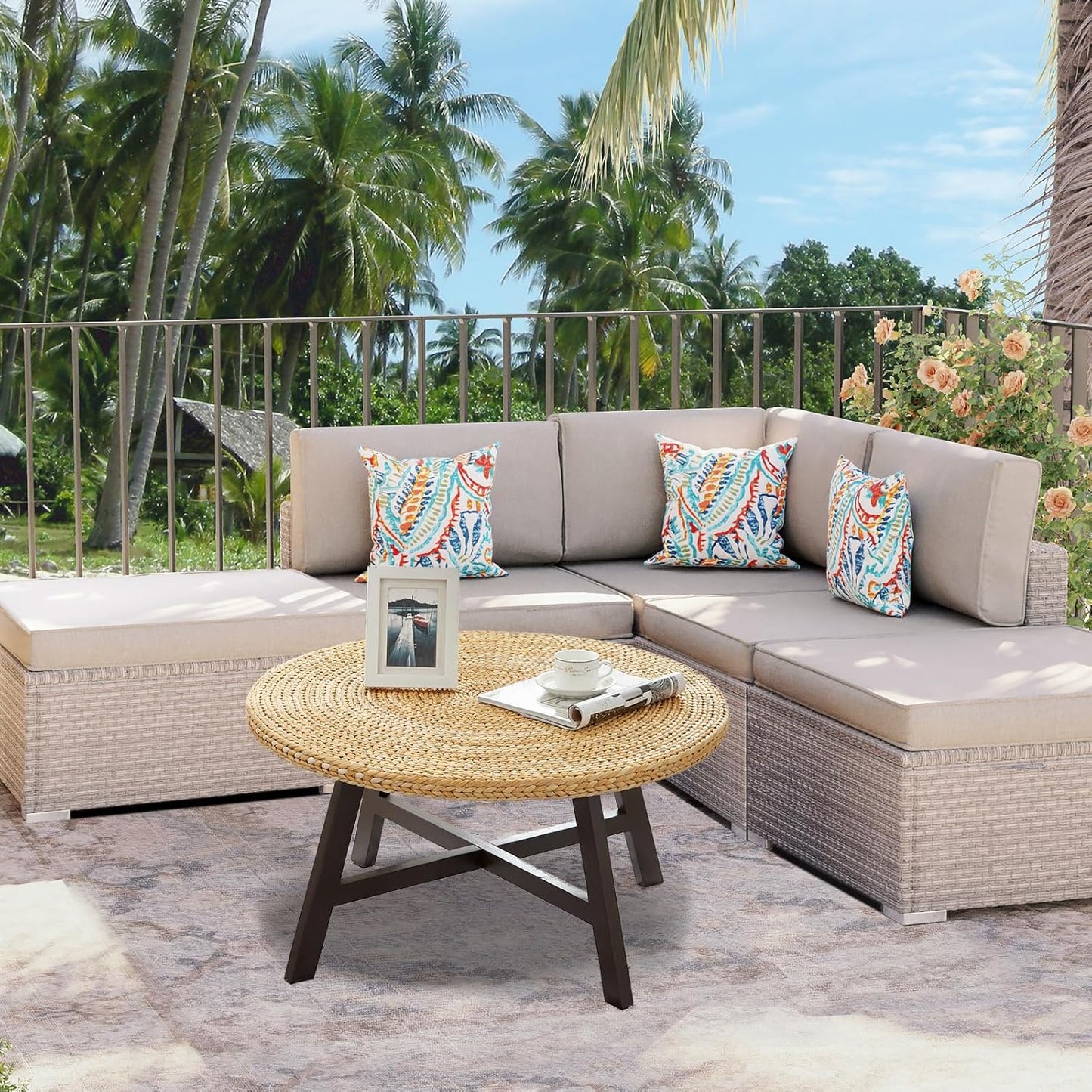 RANDEFURN Coffee Table Round, Seagrass Coffee Tables,Pine Wood X Base Frame Cocktail Table, Easy Assembled, Multiple Sizes for Living Room, Solid Wood Table,32 x 17 Inches,Natural