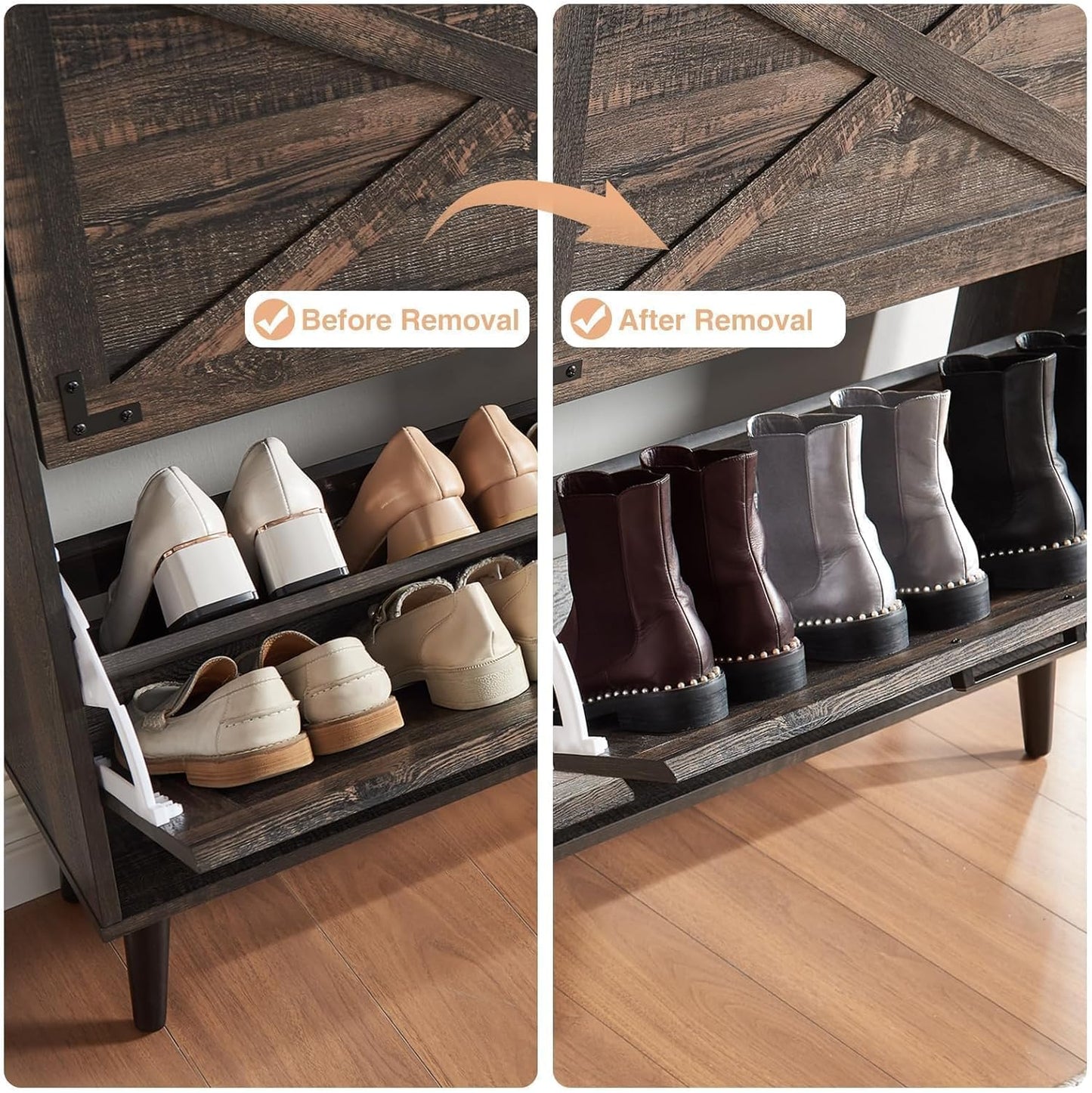 Shoe Storage Cabinet,Farmhouse Shoe Organizer with 2 Flip Drawers & Barn Door Design,Freestanding Hidden Slim Narrow Shoe Rack Cabinet for Entryway,Foyer,Hallway,Dark Oak