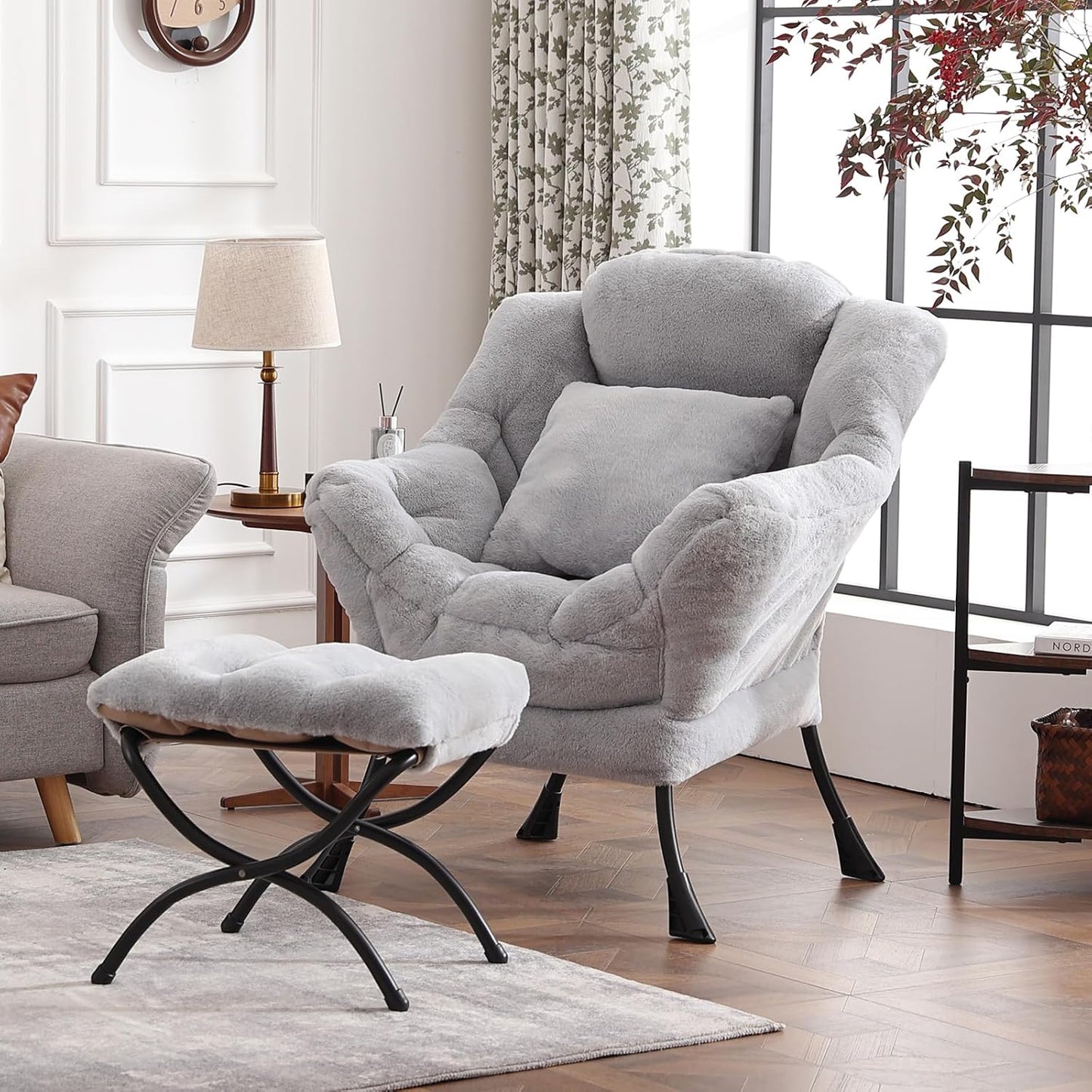 Lazy Chair with Ottoman, Modern Large Accent Lounge Chair with a Pillow, Leisure Sofa Armchair, Reading Chair with Footrest for Bedroom, Living Room,Plush White Gray