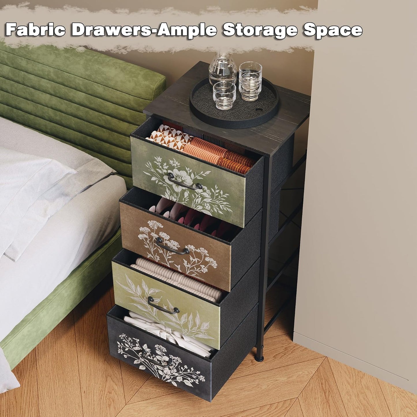 Tohomeor Vintage Dresser Vertical Nightstand with Neutral Botanical Plant Fabric Chest Drawers for Closet Bathroom Storage Tower Unit Bed Side Organizer Farmhouse Rustic (Multi, 4 Drawers)