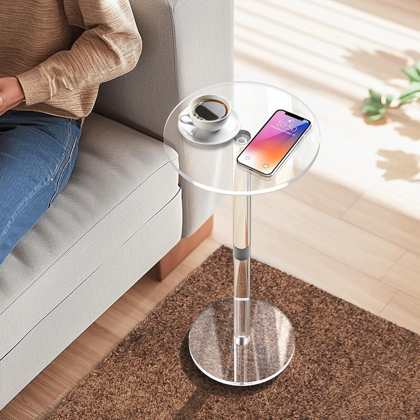 9.8" Round Clear Acrylic End Table - Modern Small Space Side Table for Living Room, Bedroom, Office, Outdoor | Sturdy, Easy to Install, Multi-Purpose