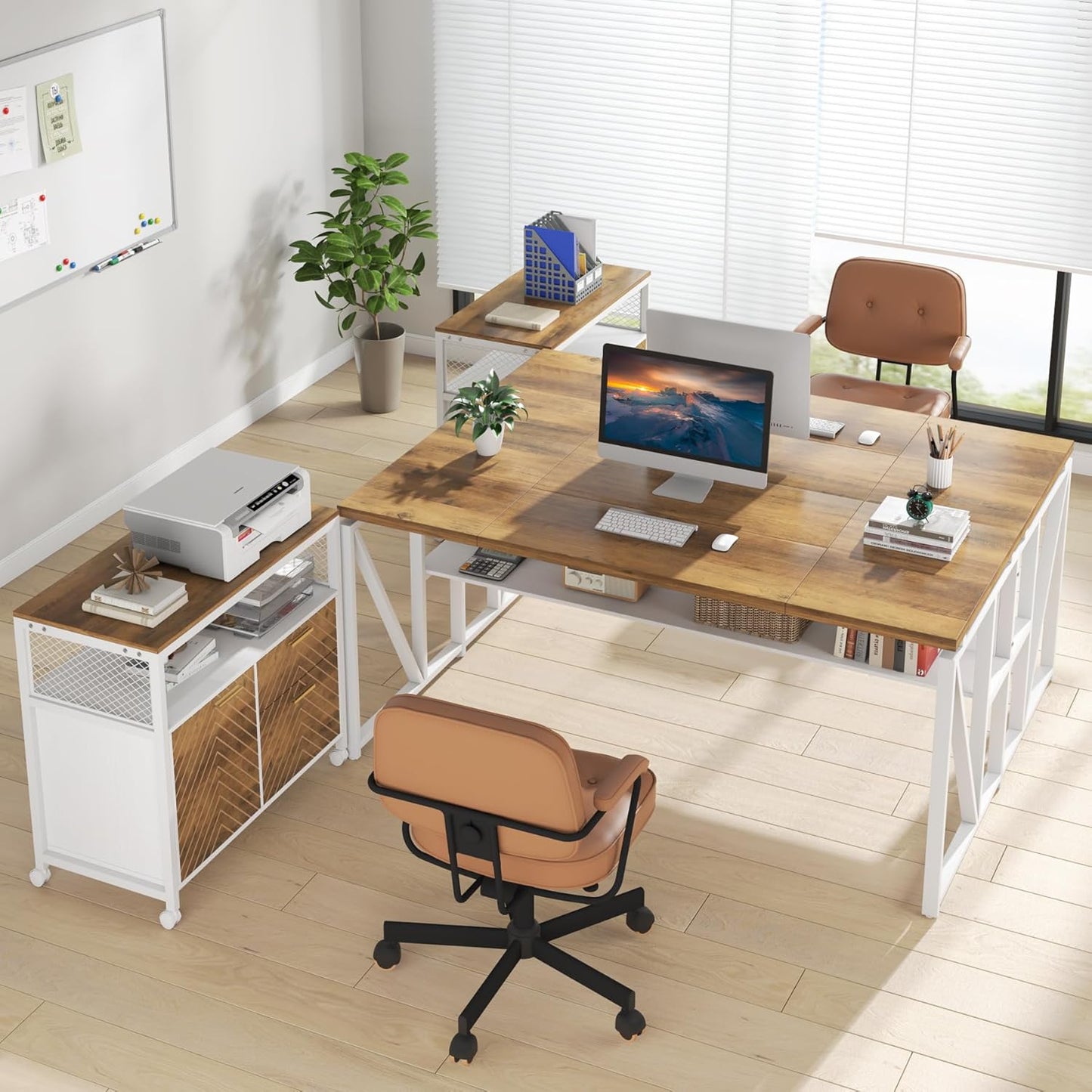 Tribesigns Office Desk with Drawers Sets, 63 inches L Shaped Computer Desk with Mobile File Cabinet,Big Executive Desk for Home Office Furniture Sets (Light Walnut, 63-inch)