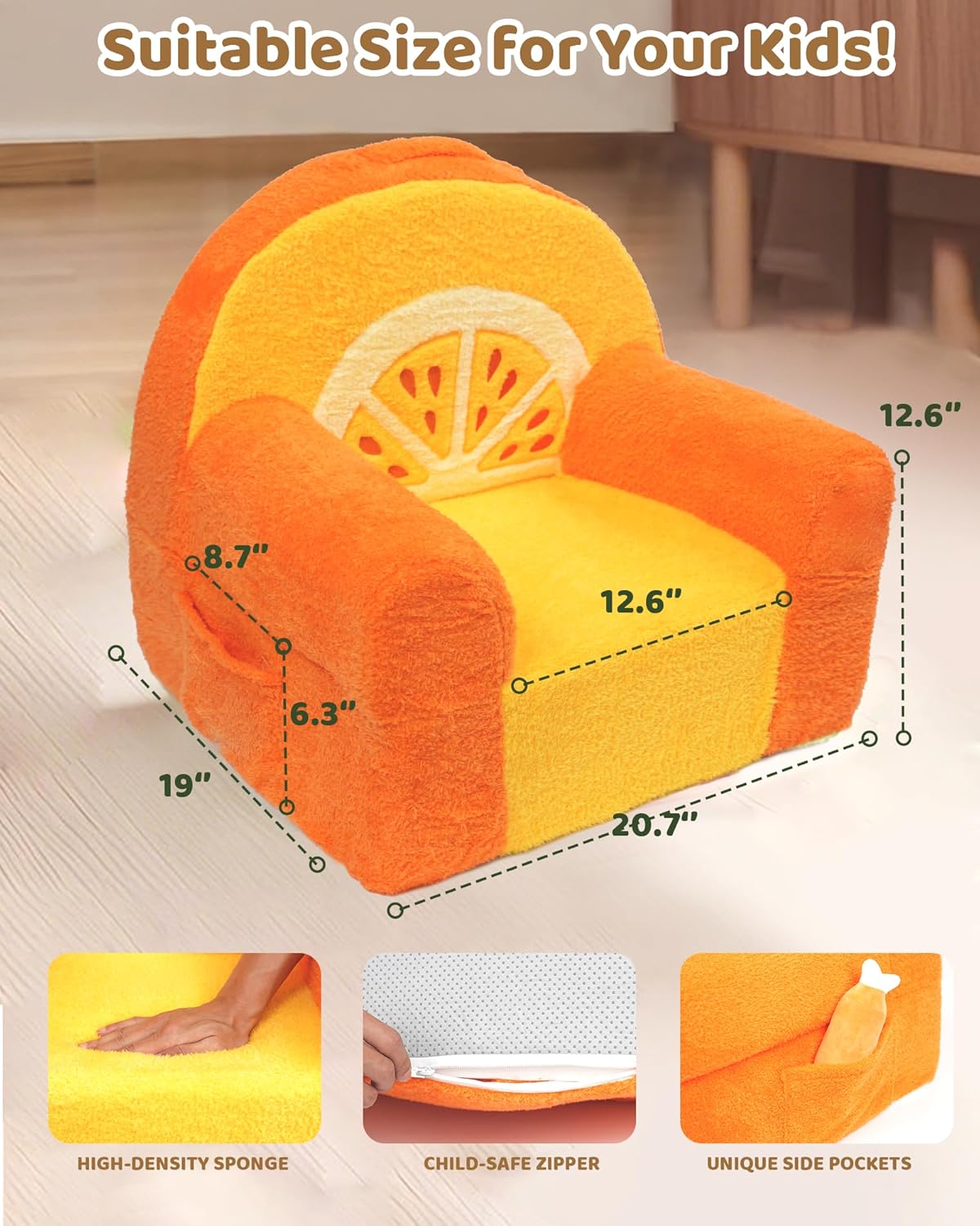 Toddler Chair, Comfy Foam Kids Couch with Soft Velvet Cover, Toddler Couch with Cute Orange Design for Gaming and Studying, Kids Sofa for Boys and Girls