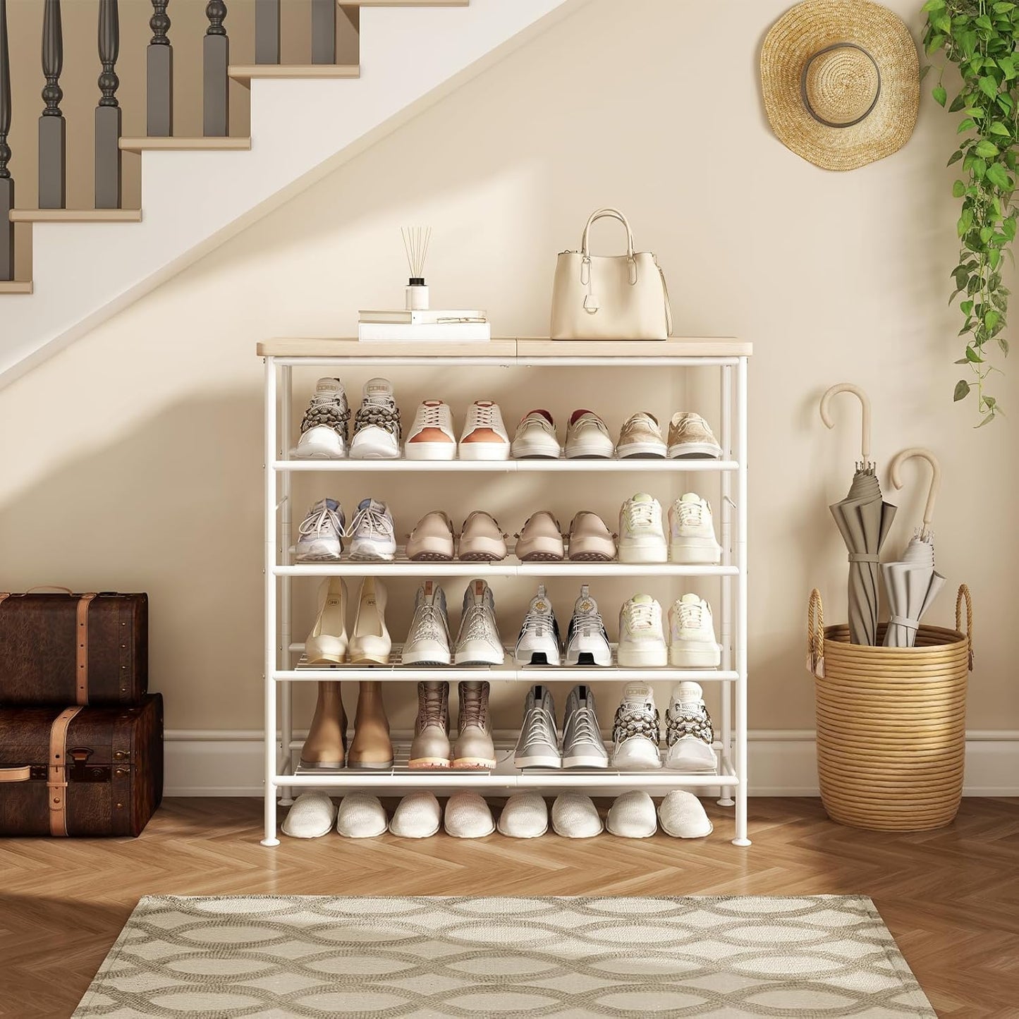 Shoe Rack Organizer 5 Tier for Closet Entryway Free Standing Metal Storage Shoe Shelf with MDF Top Board，White+Oak