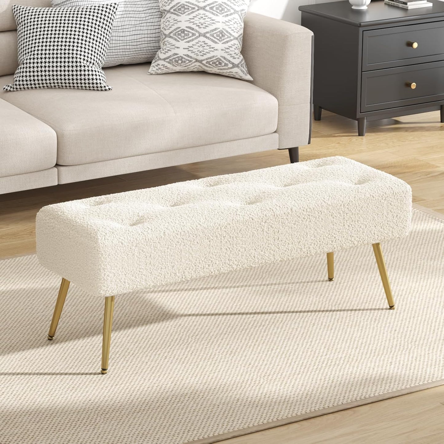 Furniliving 44 Inch Modern Ottoman Bench, Upholstered Faux Fur Fabric Entryway Benches with Gold Metal Frame for Living Room Vintage Indoor Benches End Bed Bench Footrest Ottoman (IvoryWhite)