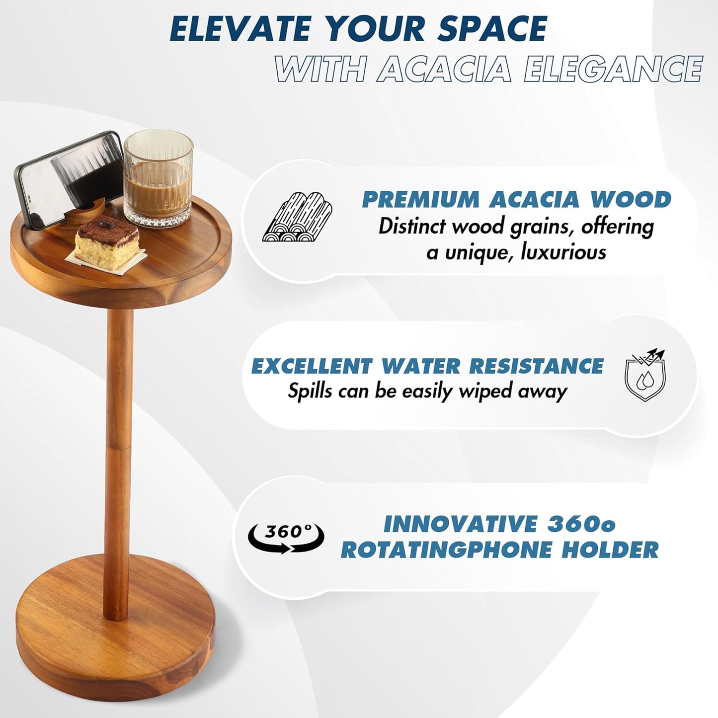 Pedestal Side Table, Acacia Drink Table with Weighted Base, Small Round Side Table for Small Spaces with 360 Rotating Phone Holder, Martini & Cocktail Pedestal End Table for Living Room, Home Office
