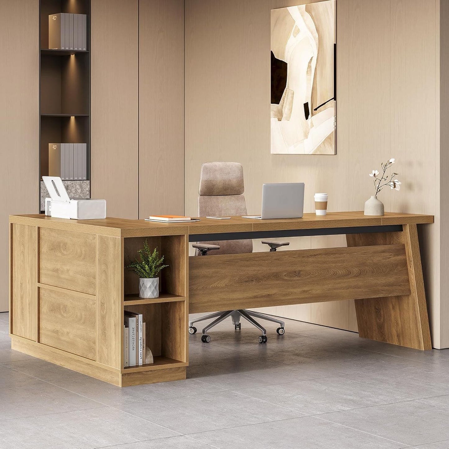 LITTLE TREE 78-Inch L-Shaped Executive Desk, Modern Desk with Drawers & File Cabinet, Large Walnut Office Workstation with Storage Shelves for Home Office