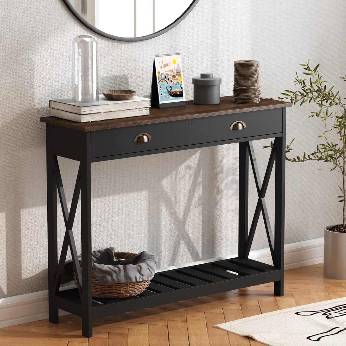 ChooChoo Farmhouse Console Table with Drawer for Entryway, Narrow Long Entry Table with Shelf for Living Room, Rustic Vintage Hallway Sofa Table with Stable X Supports, 40 Black