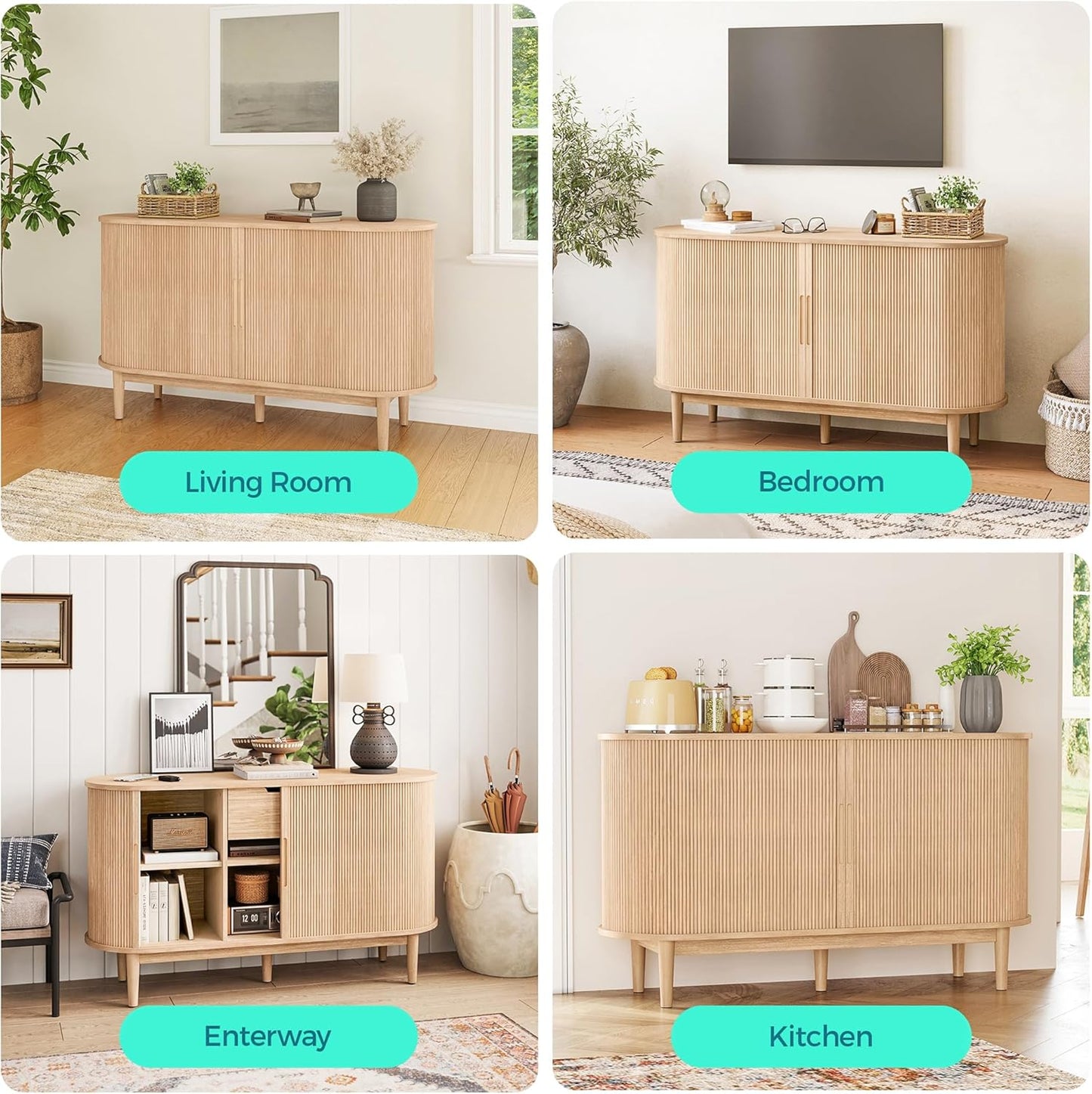 LINSY HOME Sideboard Buffet Cabinet with Storage, 55" Fluted Coffee Bar Cabinet with Tambour Sliding Doors and Drawer, Mid Century Modern Wood Storage Buffet Table for Kitchen, Living Room, Oak