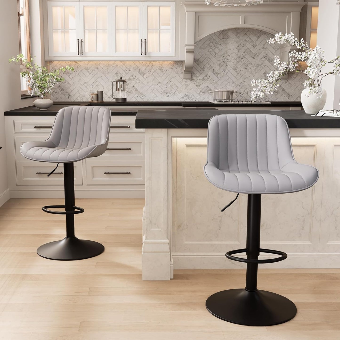 YOUNIKE Grey Bar Stools Set of 2 Kitchen Counter Height Barstools with Backs Modern Swivel Faux Leather Padded Bar Chairs Tall Adjustable Stools for Breakfast Island