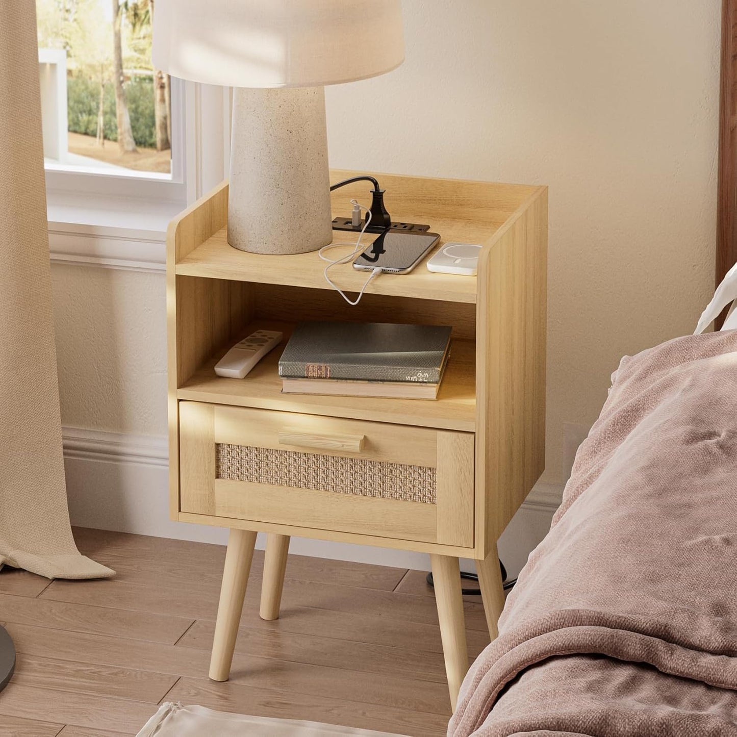 Masupu Nightstand,Small Bedside Table with Two Drawers,White Night Stand,Bedside Furniture,Mid-Century Modern End Table with for Bedroom,Living Room (Farmhouse, Yellow-Outlet)