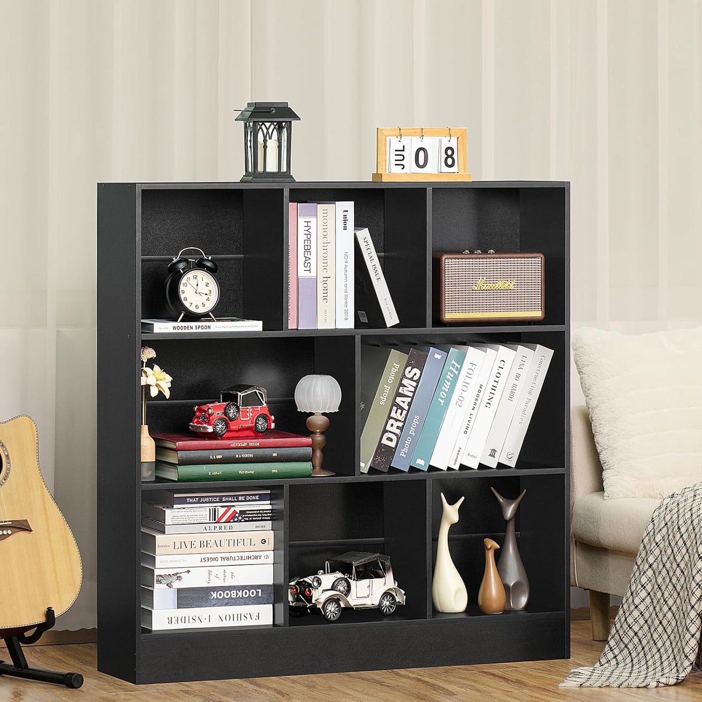 YAHARBO Black Wide Bookshelf,3 Tier Modern Horizontal Bookcase,Wood Low Bookshelves Display Storage Cabinet with Base,Floor Standing 8 Cube Large Bookcases Organizer for Bedroom,Living Room,Office