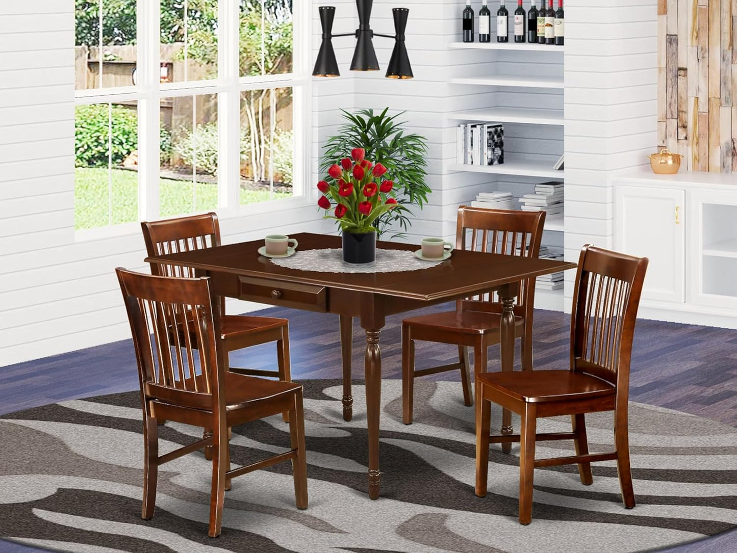 East West Furniture MZNO5-MAH-W 5 Piece Dining Set Includes a Rectangle Dining Room Table with Dropleaf and 4 Kitchen Chairs, 36x54 Inch, Mahogany